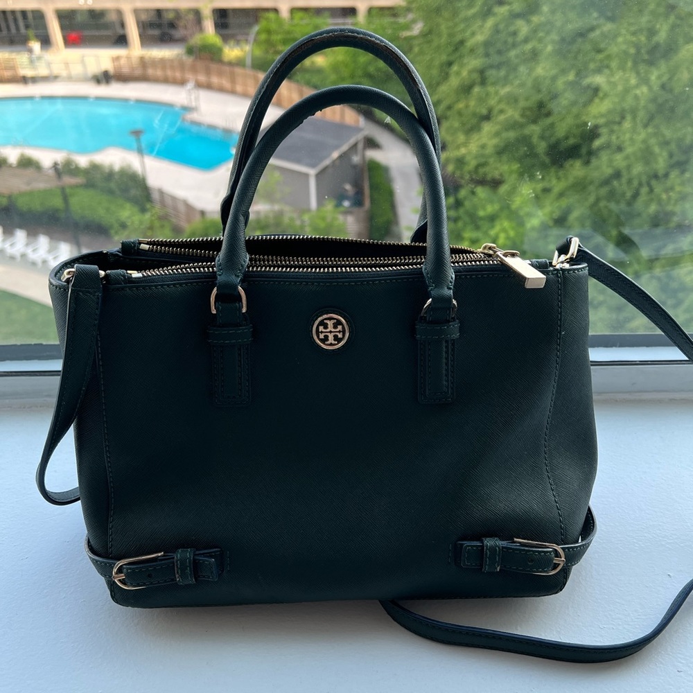 Tory Burch Forest Green Saffiano Leather Double Zip Satchel Bag